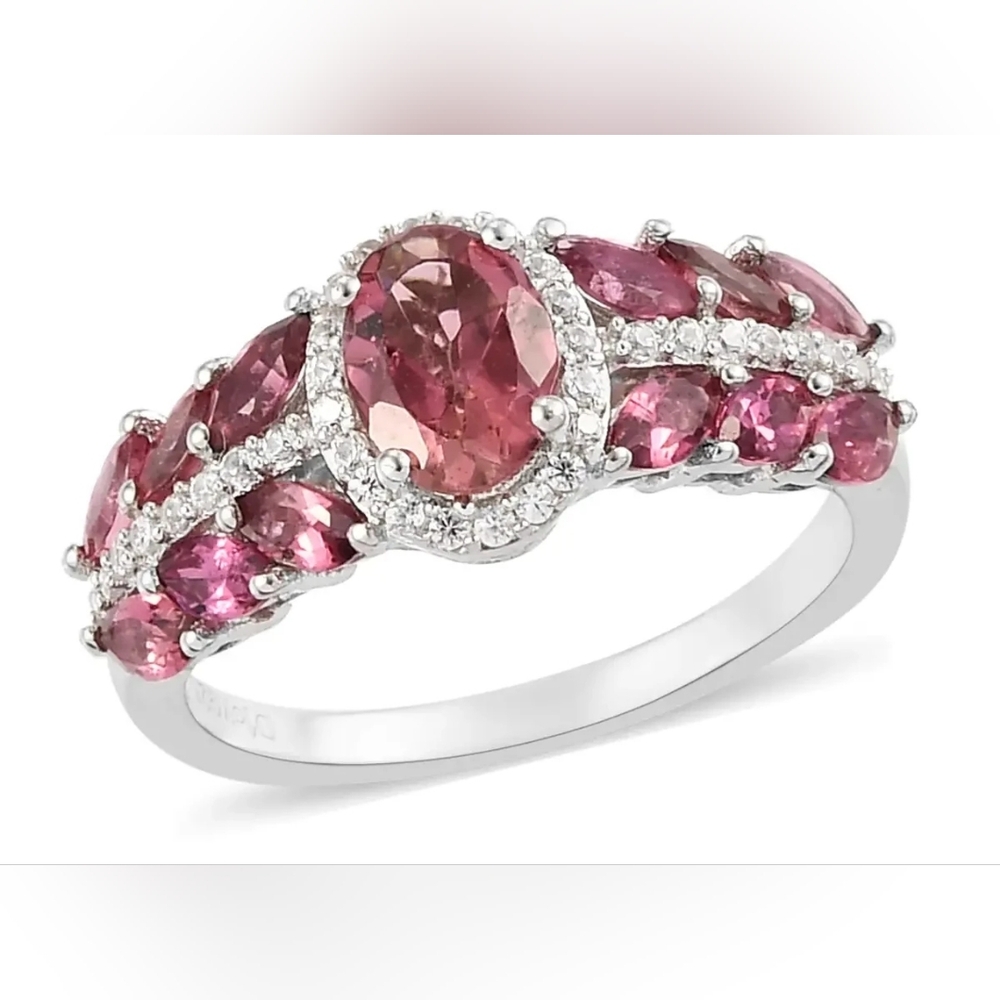 Ouro Fino Rubellite,White Zircon Ring in Platinum Over Sterling Silver
